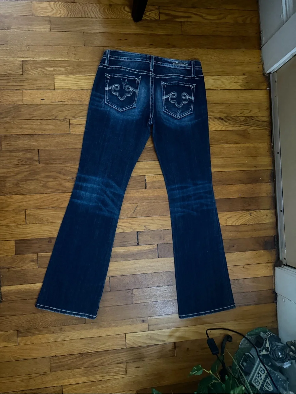 Dark Blue Flare Jeans with Subtle Distressing - Women